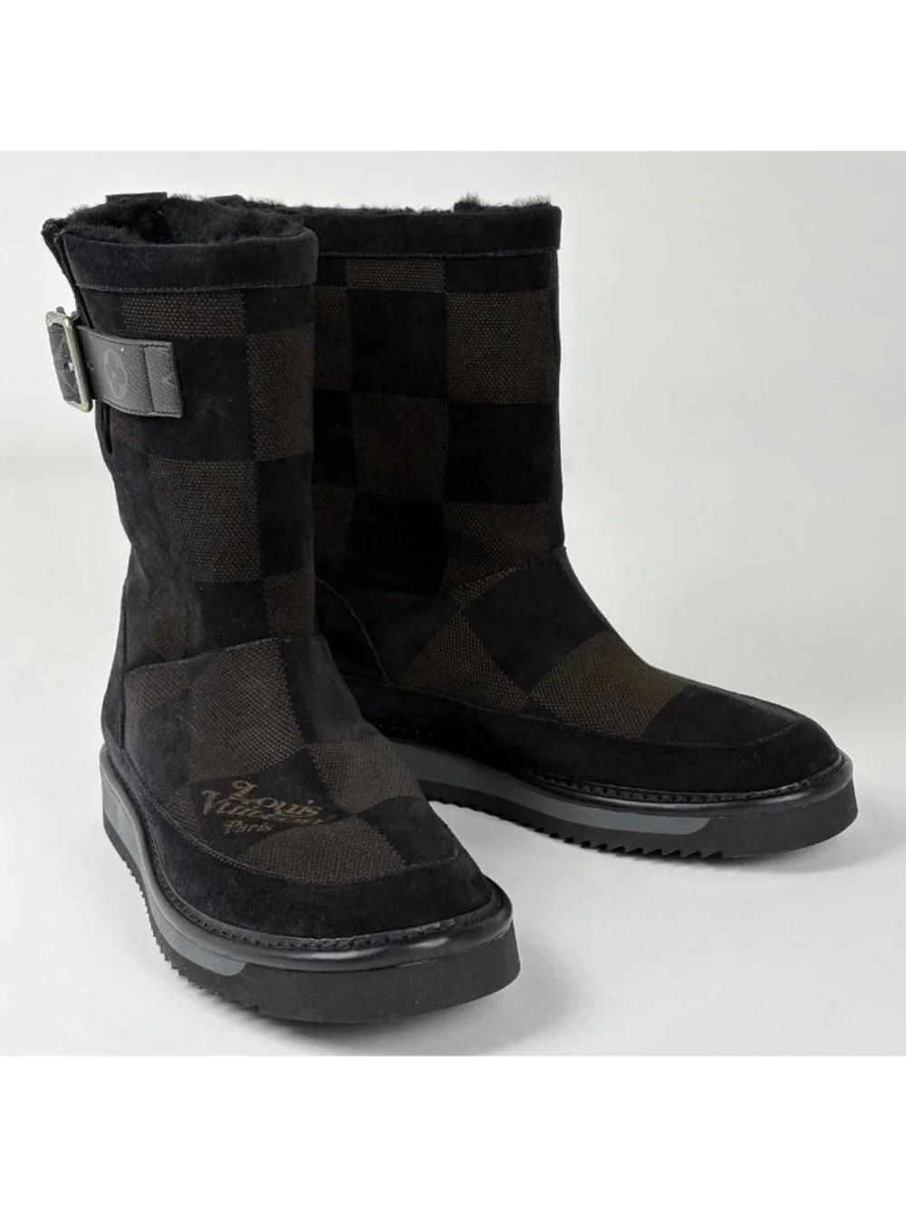 Louis Vuitton Cozy Line Shearling Boots Shoes Damier Black Brown